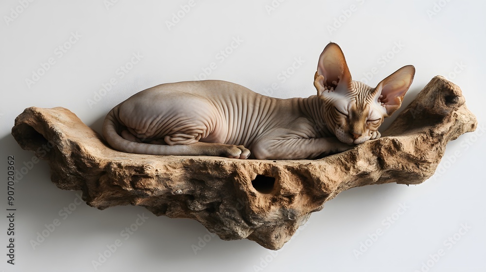 A cute Sphynx cat with smooth, hairless skin lies on cat furniture that is on a white wall A cute Sphynx cat with smooth, hairless skin lies on cat furniture that is on a white wall