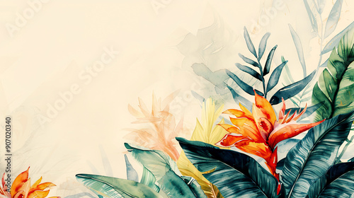 Watercolor Painting tropical ti plant with negative space, bold flowers on soft background, light beige