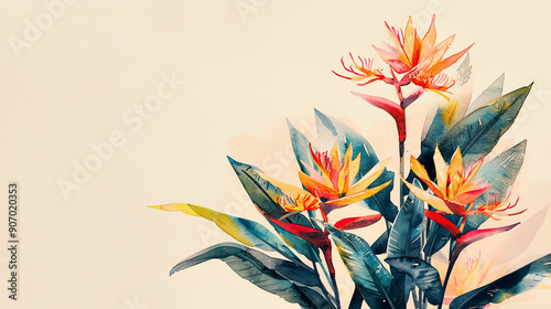 Watercolor Painting tropical ti plant with negative space, vibrant flowers against soft background, light beige