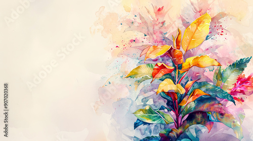 Watercolor Painting tropical ti plant with negative space, vibrant flowers against soft background, light beige