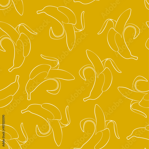 Seamless background with bananas. Outline drawings of peeled bananas on a yellow background. Line drawing. Endless background. Banana pattern, textile, art, tropical fruit