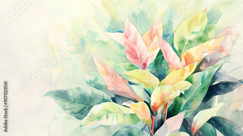 Watercolor Painting tropical ti plant with soft blending, gentle and subtle, light and airy