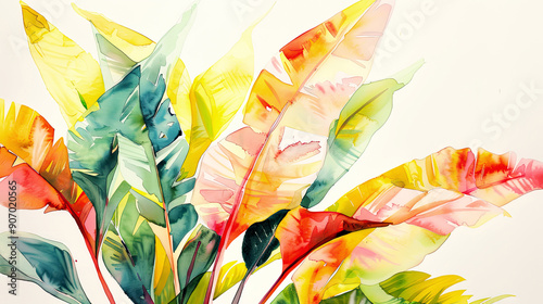 Watercolor Painting tropical ti plant with soft blending, gentle and subtle, light and airy