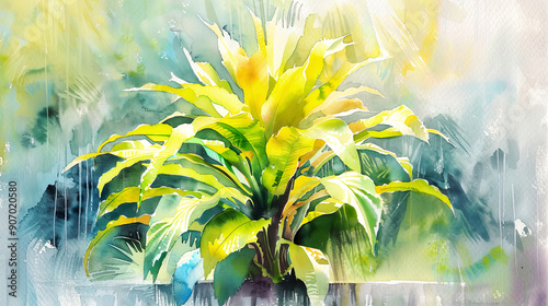 Watercolor Painting tropical ti plant with soft blending, gentle transitions, light and airy