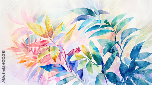 Watercolor Painting tropical ti plant with soft blending, gentle and subtle, light and airy