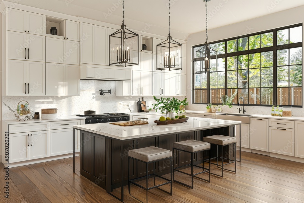 Light home kitchen interior with stone island, sink and cooking cabinet, Generative AI Light home kitchen interior with stone island, sink and cooking cabinet, Generative AI