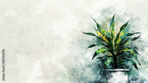 Watercolor Painting tropical ti plant with splattering, artistic composition, light gray background