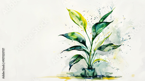 Watercolor Painting tropical ti plant with splattering, artistic composition, light gray background