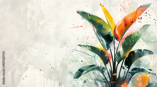 Watercolor Painting tropical ti plant with splattering, lively composition, light gray background
