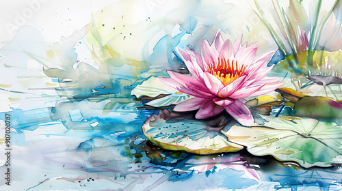 Watercolor Painting tropical water lily in dry brush style, bold and vivid strokes