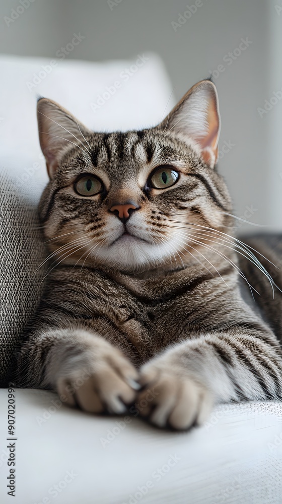 A cute American Shorthair cat with classic tabby patterns lies on cat furniture that is on a white wall A cute American Shorthair cat with classic tabby patterns lies on cat furniture that is on a white wall