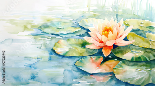 Watercolor Painting tropical water lily in loose and freeform style, pastel shades