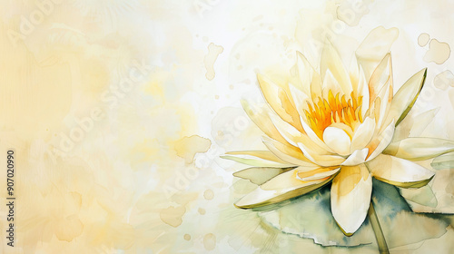 Watercolor Painting tropical water lily in wet-on-wet style, seamless blending, light beige background