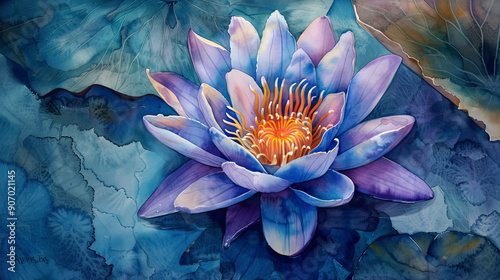 Watercolor Painting tropical water lily using layering (glazing), deep hues, textured paper background