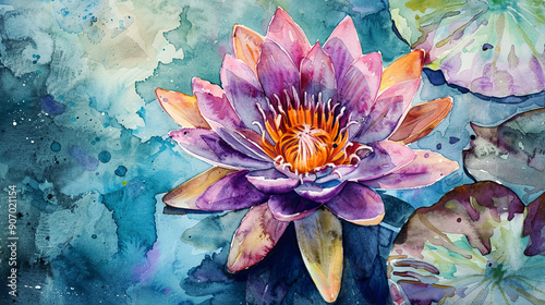 Watercolor Painting tropical water lily using layering (glazing), deep hues, textured paper background
