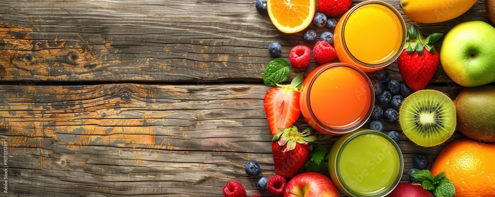 Colorful fresh juices and smoothies on a wooden desk with fruits. Free copy space for text. Colorful fresh juices and smoothies on a wooden desk with fruits. Free copy space for text.