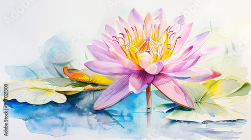 Watercolor Painting tropical water lily with feathering, delicate edges, airy feel, light background