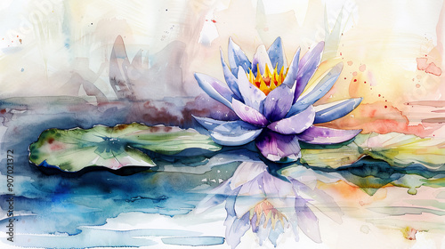Watercolor Painting tropical water lily with feathering, smooth and elegant edges, light background