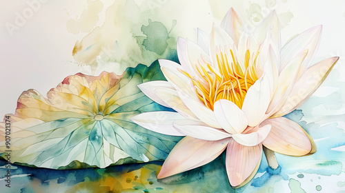 Watercolor Painting tropical water lily with feathering, delicate edges, airy feel, light background