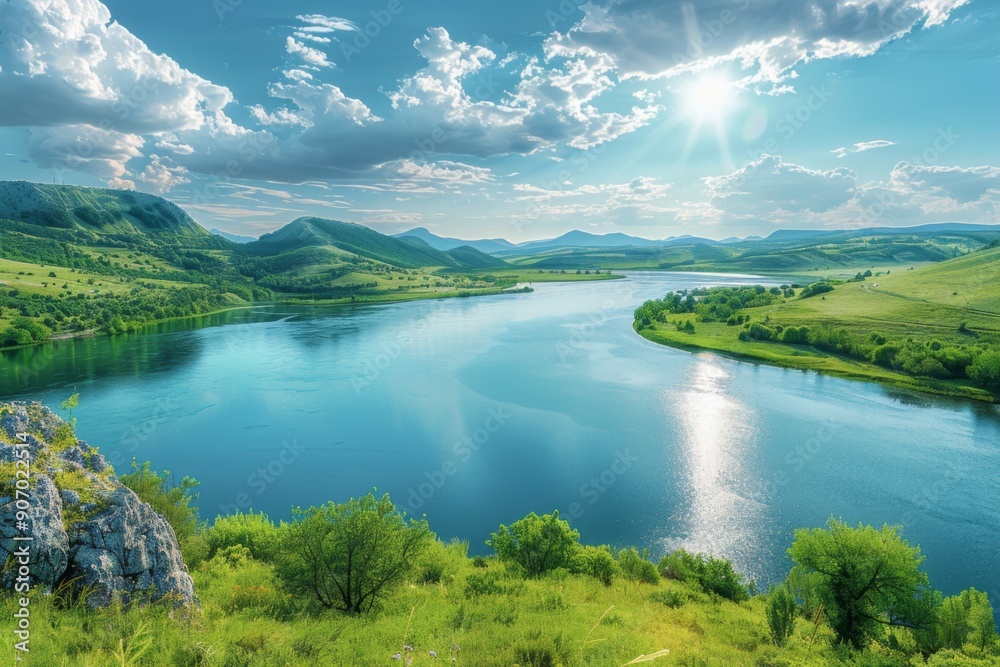 Fototapeta premium Sweeping Panorama of a River Surrounded by Lush Green Mountains on a Sunny Day, Embracing Nature's Serene Grandeur