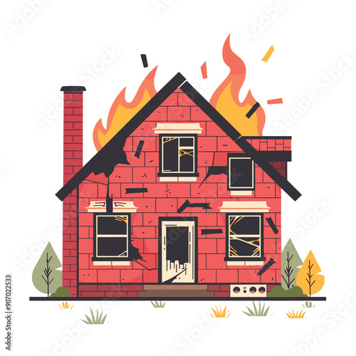Red brick house engulfed flames, damage visible, emergency situation depicted. Cartoon style burning home illustration, fiery disaster concept, vibrant colors. Residential building fire, safety