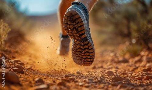 Trail runner sport shoes swiftly Running on a dusty Trail, showing determination and speed, Generative AI photo