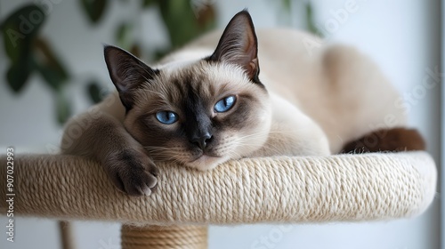 A cute Tonkinese cat with a shimmering, mink coat lies on cat furniture that is on a white wall