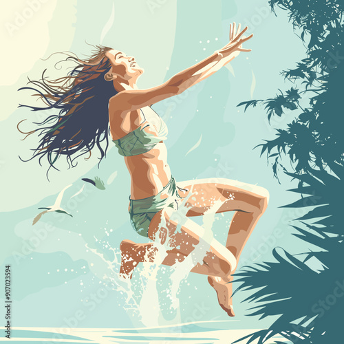 Woman enjoying beach, splashing water, happy carefree, tropical vacation, sunlit. Female wearing bikini leaping, hair flowing, joyous expression, summer fun. Exuberant dance near sea, palms
