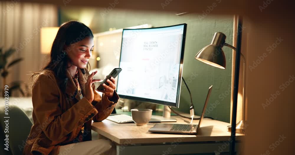 Indian woman, mobile and scroll in house for social media, communication and reading news article or blog. Female person, smartphone and happy for online dating sign up, subscription and networking