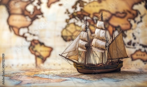 Obraz na płótnie Old sailing ship model on world map , exploration and explorer concept image, Generative AI