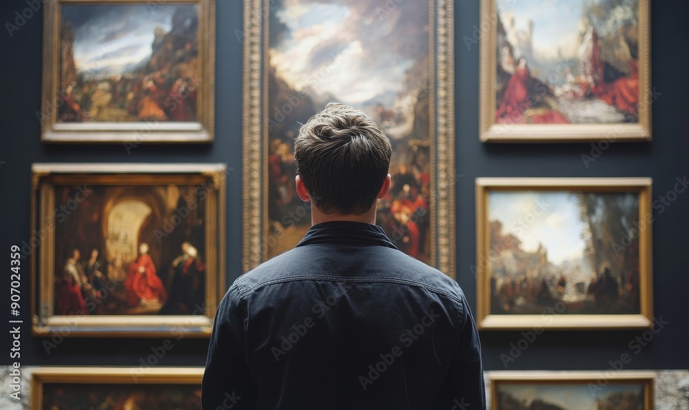 Back of an adult person looking at renaissance style paintings in an old museum art gallery, Generative AI Back of an adult person looking at renaissance style paintings in an old museum art gallery, Generative AI