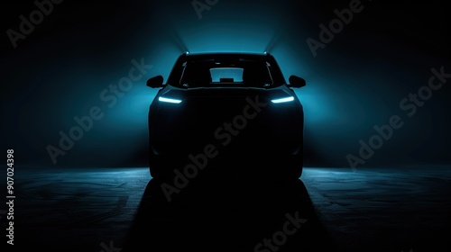 Silhouette of a Car with Headlights On in a Dark Setting