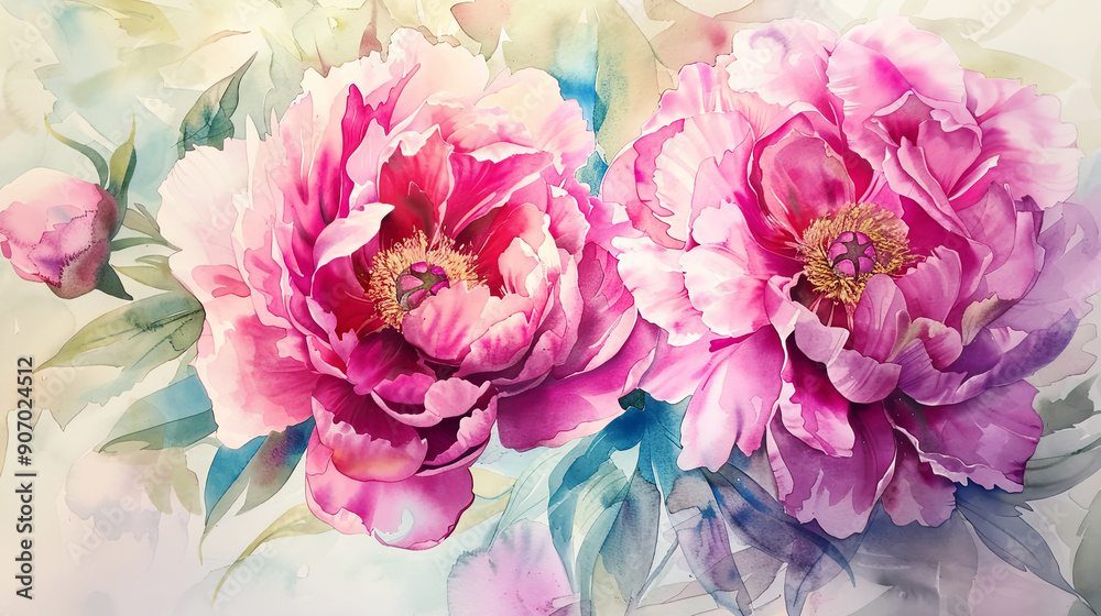 Watercolor peonies using layering (glazing), deep and rich spring hues creating depth, elegant texture, light background Watercolor peonies using layering (glazing), deep and rich spring hues creating depth, elegant texture, light background