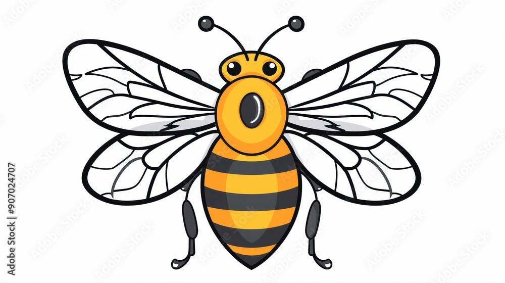 Cartoon illustration of a yellow and black striped bee with wings
