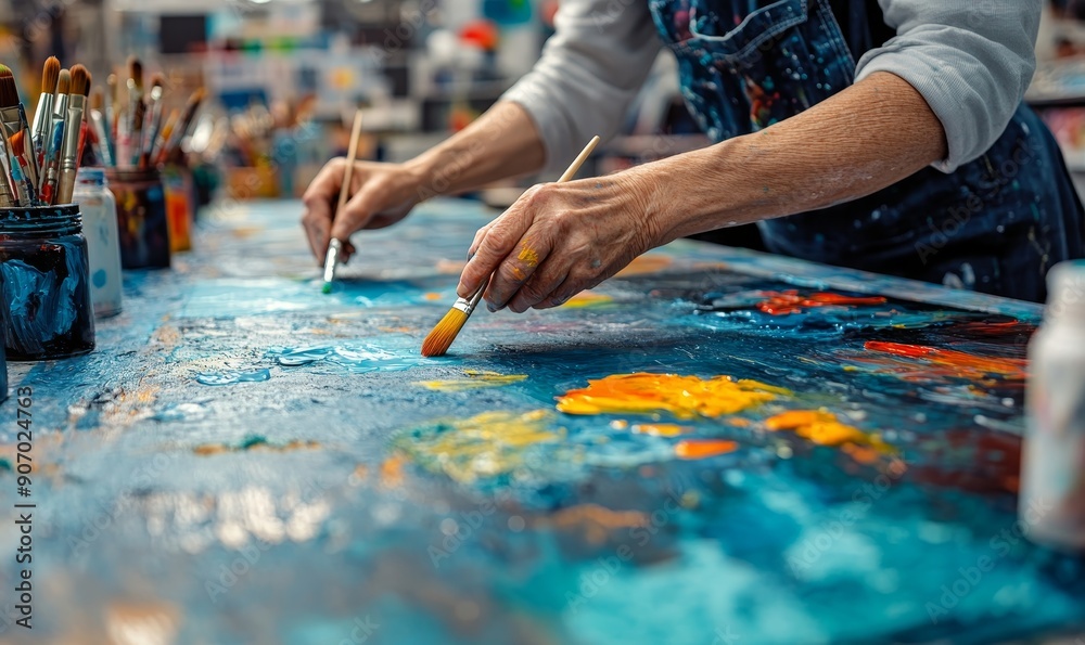 expressing themselves doing art during an art therapy workshop, with paints, brushes, canvases. Therapeutic benefits of creativity and self-expression in mental health and emotional, Generative AI