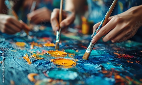 expressing themselves doing art during an art therapy workshop, with paints, brushes, canvases. Therapeutic benefits of creativity and self-expression in mental health and emotional, Generative AI