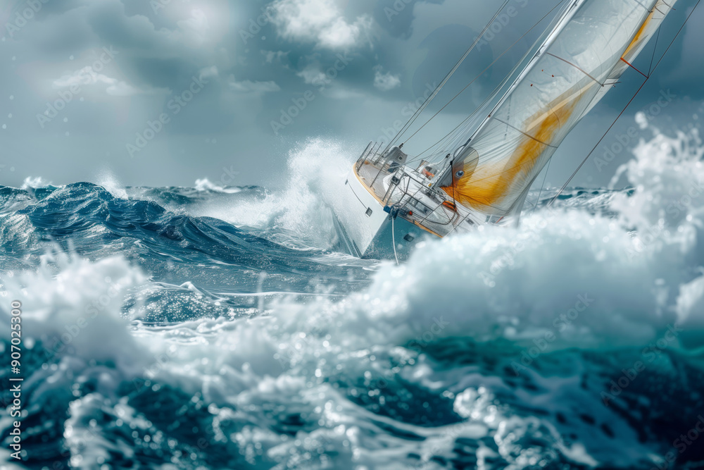Naklejka premium Dynamic Team Navigates Challenging Waters at the Regatta During a Bright Sunny Day