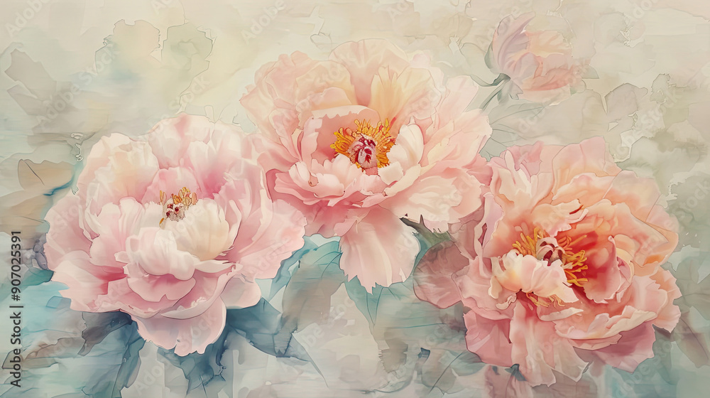 Watercolor peonies using lifting, soft and light pastels creating delicate highlights, light background Watercolor peonies using lifting, soft and light pastels creating delicate highlights, light background