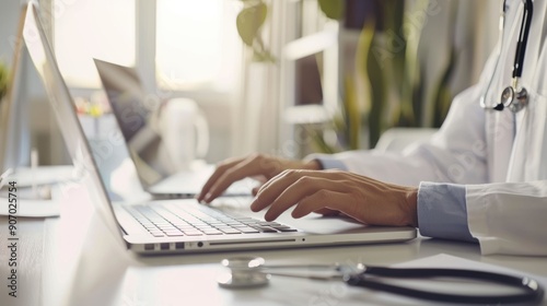 Doctor's Hands Typing on Laptop with Stethoscope Nearby