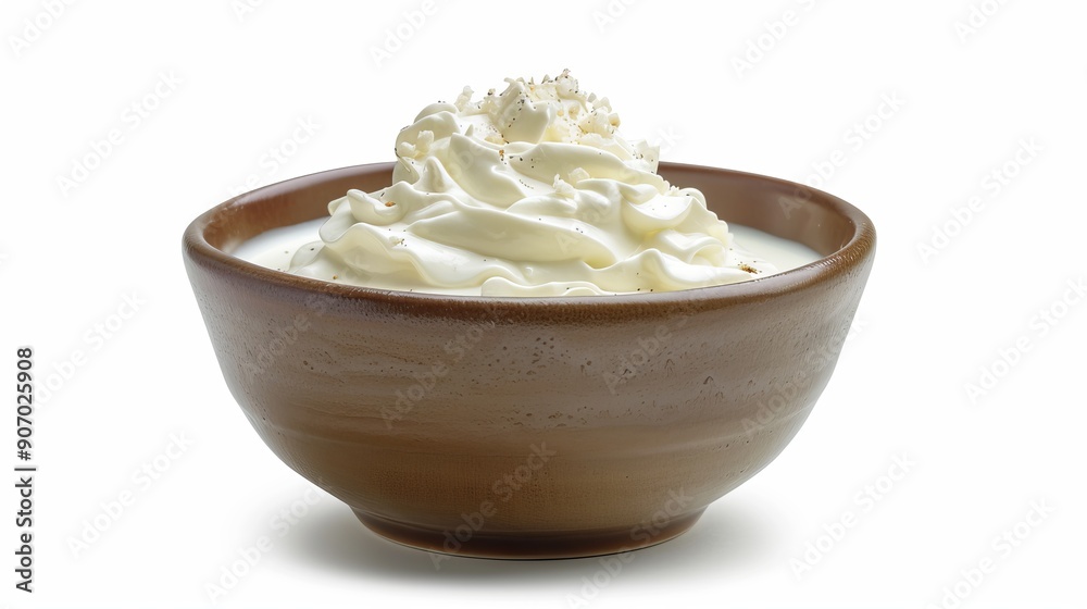 Sour cream or yogurt in ceramic bowl isolated on white background Sour cream or yogurt in ceramic bowl isolated on white background