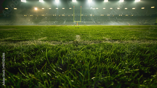 The center of the field in an American football stadium, the grass a lush green carpet beneath the towering floodlights. photo