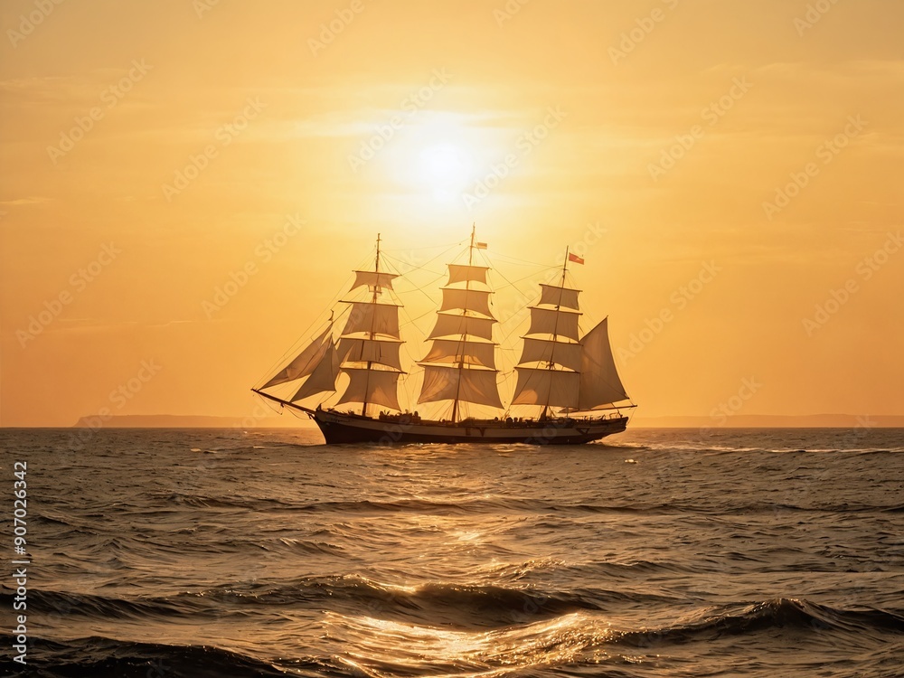 Majestic tall ship sailing at sunset over tranquil ocean waters Majestic tall ship sailing at sunset over tranquil ocean waters
