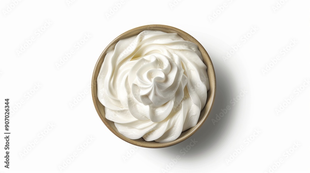 Swirl of sour cream in bowl isolated on white background with clipping path fresh Greek yogurt Swirl of sour cream in bowl isolated on white background with clipping path fresh Greek yogurt