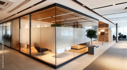 Modern office interior with a glass-walled meeting room featuring frosted glass partitions and contemporary furniture. Wooden elements and potted plants enhance the design.