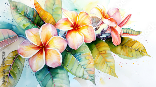 Watercolor plumeria pudica detailing with fine brushes, intricate and delicate, vibrant colors, light background