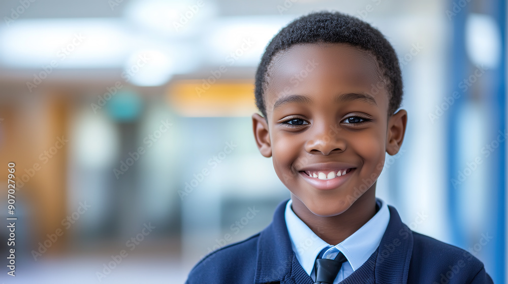 portrait of a smiling black 14 years old child in a primary school, wearing blue school uniform portrait of a smiling black 14 years old child in a primary school, wearing blue school uniform