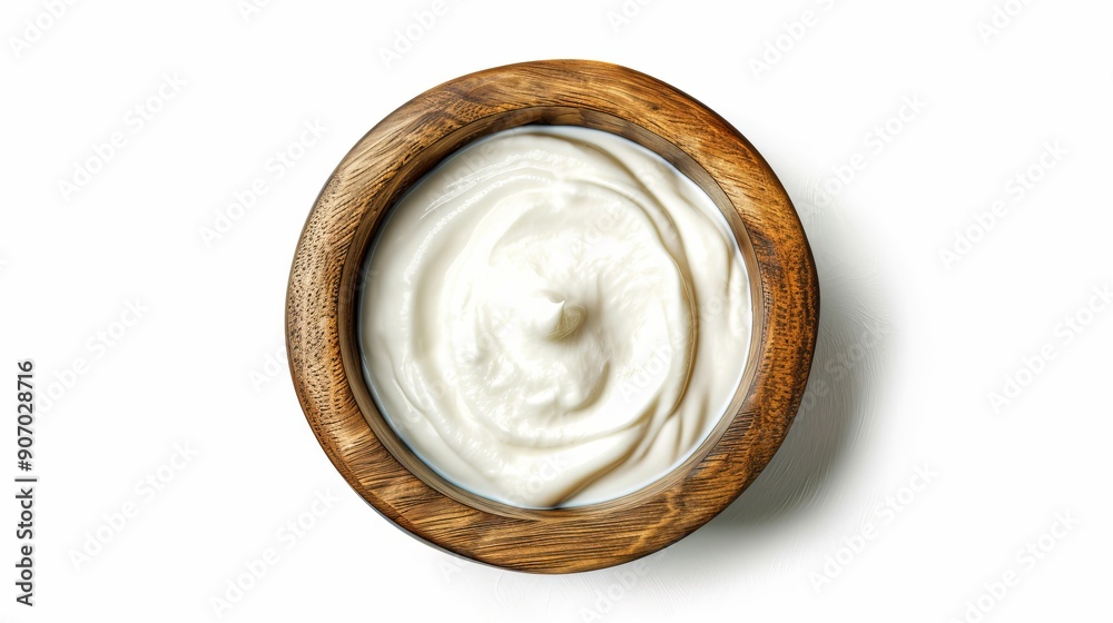 Wooden bowl of sour cream or yogurt isolated on white background top view Wooden bowl of sour cream or yogurt isolated on white background top view