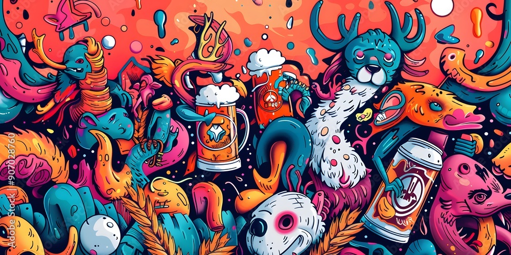 Fototapeta premium A vibrant, densely packed collage of cartoonish characters and objects in various colors, resembling graffiti art. The image is lively and chaotic, with a playful and energetic vibe.