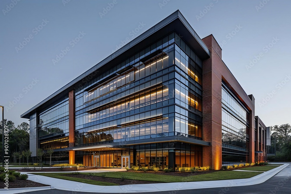 Dusk Exterior of Generic Business Park Building with High Bay Units, Metal Cladding, and Glazing