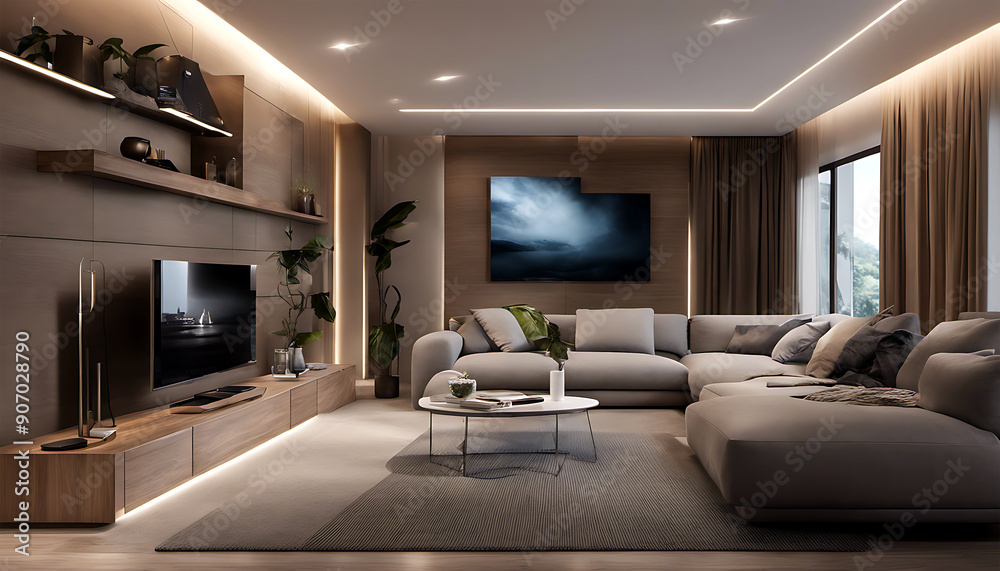 Nice Interior design, Modern and comfortable living room. Warm lighting that creates a cozy atmosphere Nice Interior design, Modern and comfortable living room. Warm lighting that creates a cozy atmosphere